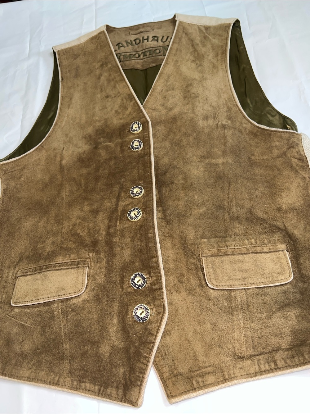 German Alpine Leather & Linen & Suede Vest. Traditional Horn buttons.
